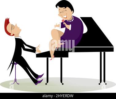 Cantante donna e pianista nell'illustrazione del concerto. Pianista e cantante donna siede sul piano, tiene un microfono e canta isolati su bianco Illustrazione Vettoriale