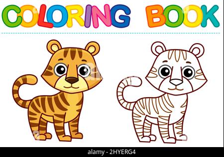 Zoo animale per bambini libro da colorare. Divertente tigre in stile cartone animato. Tracciare i punti e colorare l'immagine Illustrazione Vettoriale