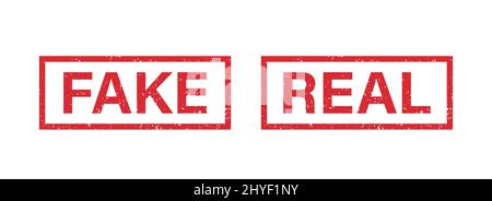 Timbro in gomma per supporti e documenti falso e vero grunge. Adesivo con segno falso e reale. Simbolo di verità e menzogne. Grunge rosso vintage etichetta quadrata Illustrazione Vettoriale