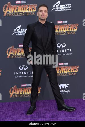 Sebastian Stan partecipa alla prima mondiale di Avengers: Infinity War, tenutasi al Teatro El Capitan di Hollywood, California Foto Stock