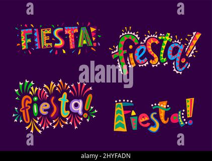 Festa di Fiesta. Banner vettore messicano, spagnolo e latino per le vacanze carnevale. Caratteri Fiesta di lettere dai colori brillanti con ornamenti etnici messicani, lettere geometriche colorate e confetti Illustrazione Vettoriale