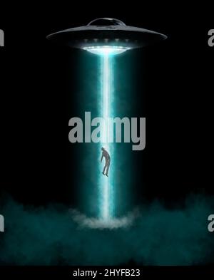 Uomo rapito da UFO - alieno abduzione concetto Foto Stock