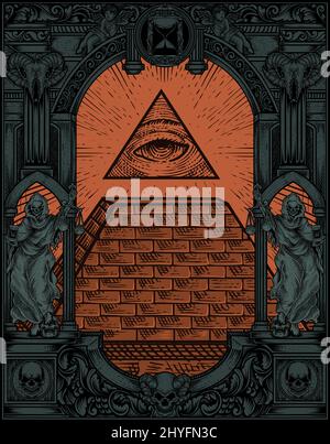 illustrazione piramide illuminata con incisione Illustrazione Vettoriale