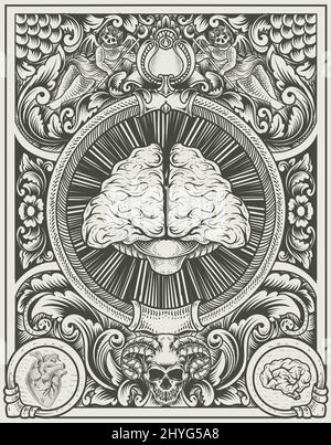 illustrazione cervello antico con stile di incisione Illustrazione Vettoriale