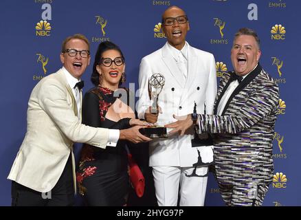Carson Kressley, Michelle Visage, RuPaul e Ross Matthews in occasione dei Primetime Emmy Awards 70th che si sono tenuti presso il Microsoft Theatre L.A. In diretta il 17 settembre 2018 a Los Angeles, USA. Foto Stock