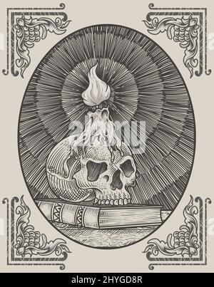 illustrazione candela del cranio vintage con stile incisione Illustrazione Vettoriale