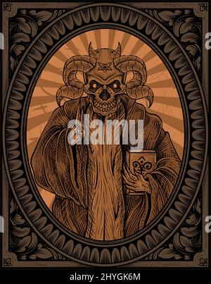 demone di illustrazione con cornice di incisione Illustrazione Vettoriale