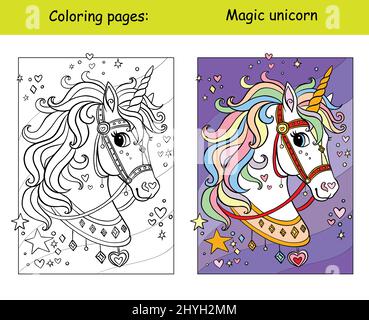 Carina testa unicorno con la criniera arcobaleno nel cielo con le stelle. Pagina del libro da colorare con modello a colori. Illustrazione di un cartoon vettoriale. Per i bambini che colorano, auto Illustrazione Vettoriale