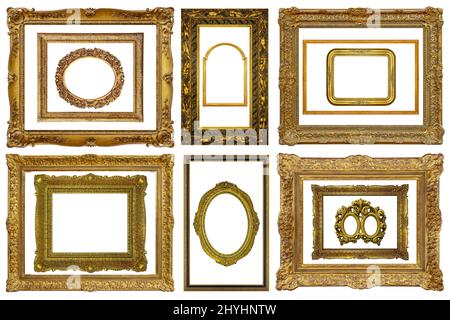 Set di varie cornici decorative vintage dorate in legno dorato isolate su sfondo bianco Foto Stock