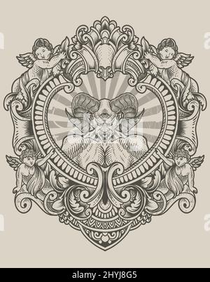 demone di illustrazione con cornice di incisione Illustrazione Vettoriale