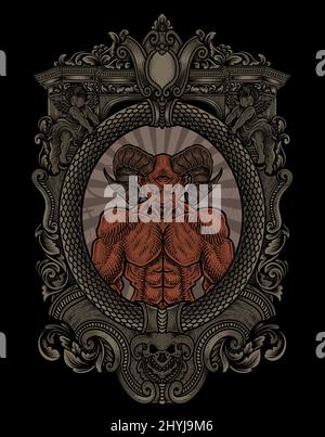 demone di illustrazione con cornice di incisione Illustrazione Vettoriale