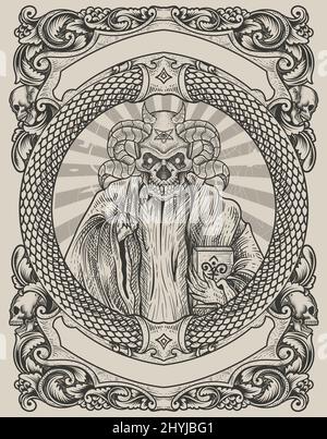 demone di illustrazione con cornice di incisione Illustrazione Vettoriale