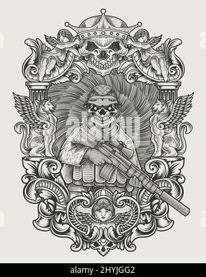 illustrazione vintage cranio esercito con stile incisione Illustrazione Vettoriale