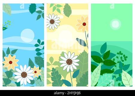 Set di fiori e foglie floreali sfondi verticali storie di social media modelli, banner vivaci a colori, poster, copertina, sfondi Illustrazione Vettoriale