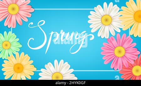 Banner a molla. Lettere disegnate a mano. Sfondo con camomilla, margherita. Modello primavera, volantino, poster, brochure. Buon giorno primaverile. Alla moda Illustrazione Vettoriale