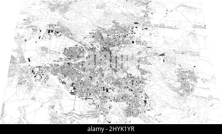 Mappa di Lviv, Ucraina. Edifici e centro città. Vista aerea. Strade e vie di comunicazione. 3d rendering. Punti di accesso alla città Illustrazione Vettoriale