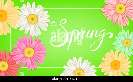 Banner a molla. Lettere disegnate a mano. Sfondo con camomilla, margherita. Modello primavera, volantino, poster, brochure. Buon giorno primaverile. Alla moda Illustrazione Vettoriale