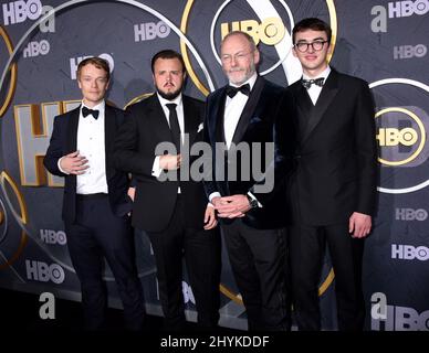 Alfie Allen, John Bradley, Liam Cunningham e Isaac Hempstead Wright hanno partecipato al 2019 HBO Emmy Party tenuto presso il Pacific Design Center di Los Angeles, California Foto Stock