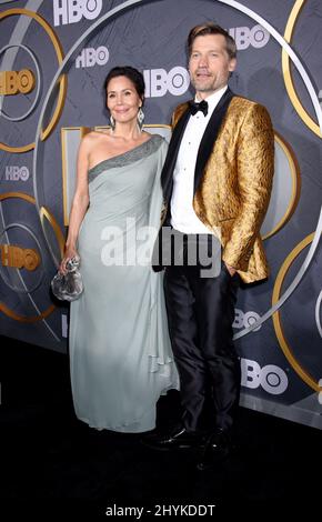 Nikolaj Coster-Waldau e Nukaaka Coster-Waldau partecipano al 2019 HBO Emmy Party tenuto presso il Pacific Design Center di Los Angeles, California Foto Stock