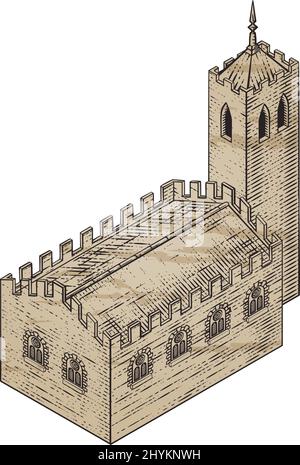Illustrazione d'epoca dell'icona della mappa medievale dell'edificio Illustrazione Vettoriale