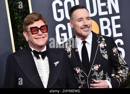 Elton John e David arredano i Golden Globe Awards 77th che si tengono al Beverly Hilton Hotel Foto Stock