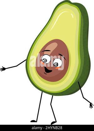 Personaggio avocado con allegra emozione, viso gioioso, occhi sorridenti, braccia e gambe. Persona con emoticon di espressione, verdura o frutta. Illustrazione piatta vettoriale Illustrazione Vettoriale