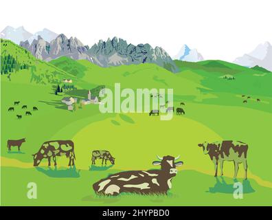 Panorama di montagna con mucche sul alp, illustrazione Illustrazione Vettoriale