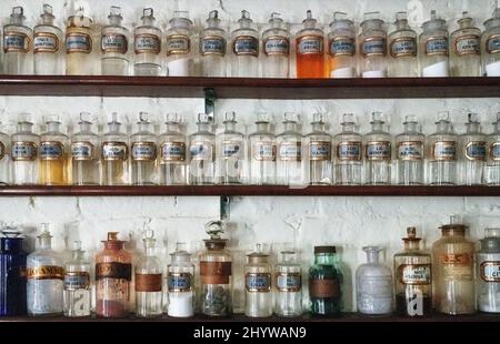 File di bottiglie di vetro contenenti prodotti chimici e medicinali in una farmacia vittoriana, parte della carità Holly Lodge Center a Richmond Park, Surrey Foto Stock