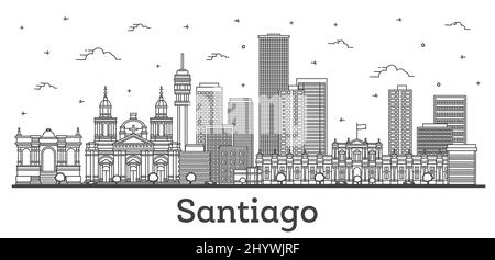 Profilo di Santiago Chile City Skyline con edifici moderni e storici isolati su White. Illustrazione vettoriale. Paesaggio urbano di Santiago con punti di riferimento. Illustrazione Vettoriale