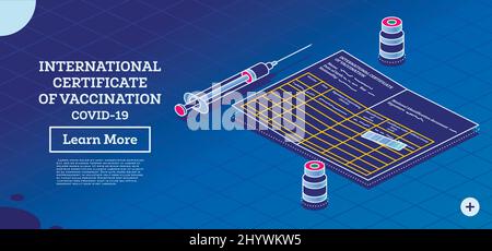 Certificato internazionale di vaccinazione - Coronavirus Covid-19. Concetto di profilo isometrico con siringa e flacone di vaccino. Illustrazione vettoriale. Illustrazione Vettoriale