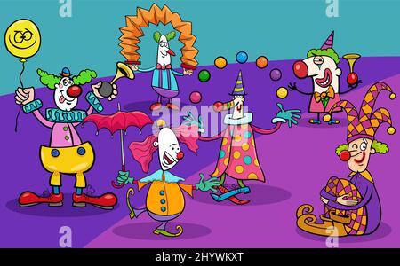 Illustrazione di cartoni animati di divertente gruppo di personaggi clown circensi Illustrazione Vettoriale