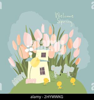 Carino mouse Cartoon riunione primavera su Flowers Meadow Illustrazione Vettoriale