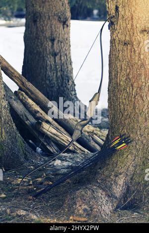 Arco a tiro con l'arco ricorrente e frecce nere appoggiate sull'albero di abete rosso. Caccia, competizione e concetti di sopravvivenza Foto Stock