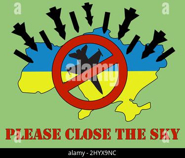 Guerra in Ucraina. Invasione russa. Chiudere il cielo sopra l'Ucraina. Mappa in giallo e blu, mani, razzi, aeroplani Illustrazione Vettoriale