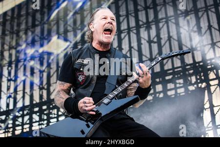 James Hetfield, cantante di Metallica, ha fotografato il 9 luglio 2019 all'Ullevi Stadium di Gothenburg, Svezia Foto Stock