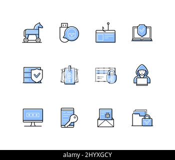 Hacking computer - moderno linea design icone stile set Illustrazione Vettoriale