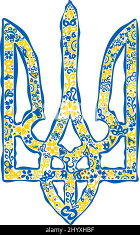 Tryzub di emblema nazionale ucraino in colori di bandiera ucraino e modello etnico Illustrazione Vettoriale