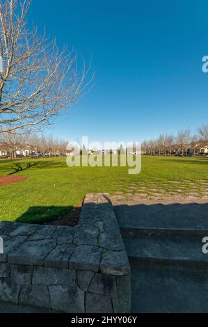 Prato Central Park con gradini in cemento all'ombra del gazebo a Hillsboro, Oregon. Foto Stock