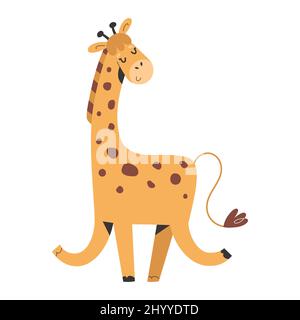 Cute giraffa africana danzare e sorridere, disegno Vector in stile scandinavo. Illustrazione vettoriale isolata su sfondo bianco Illustrazione Vettoriale