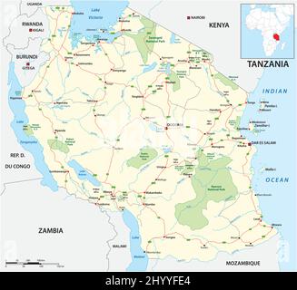 Strade e Parco Nazionale Mappa vettoriale della Tanzania Illustrazione Vettoriale