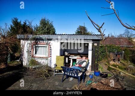 Ein kahler Schrebergarten bei schoenem Wetter und Blauem Himmel. In der Sonne liegt eine bionda Frau mit einem Bier in der Hand. Foto Stock