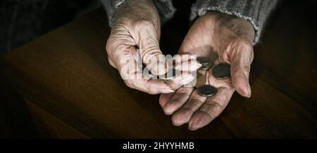 Primo piano delle mani delle donne anziane con monete in euro. Pensionato contando denaro nelle sue mani Foto Stock