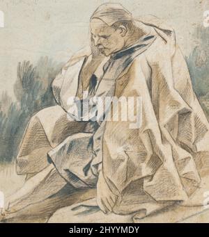 Studio drappo di un uomo seduto che indossa un cappuccio (retto); Studio di una mano in una manica e schizzo parziale di un bambino (verso). Jacob Jordaens (Fiandre (oggi Belgio), Anversa, 1593-1678). Fiandre, circa 1655-1665. Disegni. Recto: Gesso nero e lavaggio marrone, grigio e blu, accentuato con bianco; verso: Gesso rosso e nero Foto Stock