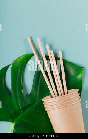 Utensili usa e getta ecocompatibili realizzati in carta artigianale su sfondo blu chiaro. Cannucce, bicchieri di carta e grande foglia verde Foto Stock