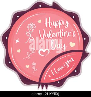 Etichetta rosa isolata con icone di testo e fiori San Valentino Vector Illustrazione Vettoriale