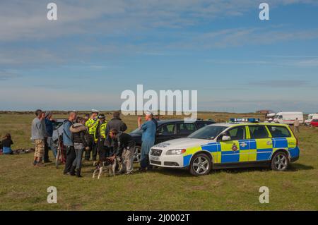 Polizia di fronte a ravers, rave illegale, Dale Airfield, maggio 2010, Pembrokeshire, Galles, Regno Unito, Europa Foto Stock