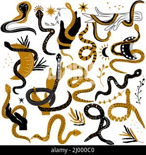Serpente boho mistico. Set nero e oro di serpente, foglie, fiori, serpente avvolto intorno a mano e luna. Stregoneria e Wild West. Serpenti misteriosi. Illustrazione vettoriale. Illustrazione Vettoriale