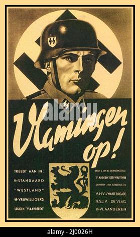 WW2 Olanda Paesi Bassi nazisti Germania 1942 reclutamento Poster 'Flemings, join up!' 'Arruolarsi nel: SS-Standaard' 'Westland', SS-Volunteer Legion 'Vlaanderen'. Arruolarsi a: ERGÄNZUNGSTELLE 'FLANDern' DER WAFFEN SS ANTWERPEN -Holland Foto Stock