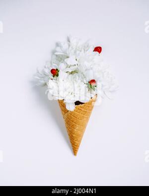 Bel fiore unico nel cono gelato su sfondo bianco. Composizioni floreali, piatto per lo styling dei laici. Vista dall'alto. Creative ancora vita idea della molla wallpap Foto Stock