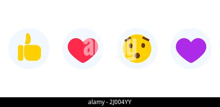 Come, pollice su e faccia frawn icone. Emoticon per le reazioni dei social media. Illustrazione vettoriale isolata su sfondo trasparente Illustrazione Vettoriale